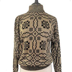 Gold Metallic and Black  Pierre Cardin Geometric Pattern, ribbed mock turtleneck